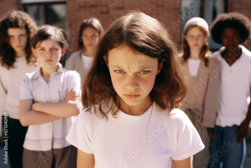 Multiethnic group of schoolchildren with their leader looking at camera with an angry and frustrated expression. Kids are upset and intending to stand up for their rights. Diversity and communication.