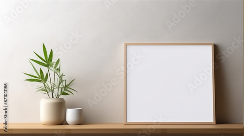 plain wall interior with empty photo frame mounted on the wall  bonsai plant in pot on the table