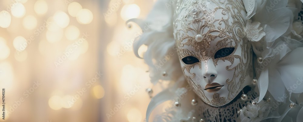 Venetian woman in white and gold lace mask with pearl and flower motif. Inspired by Venice carnival masks. - obrazy, fototapety, plakaty 