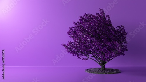 Tree in the studio on a purple background. The wind shakes branches and leaves. 3d illustration