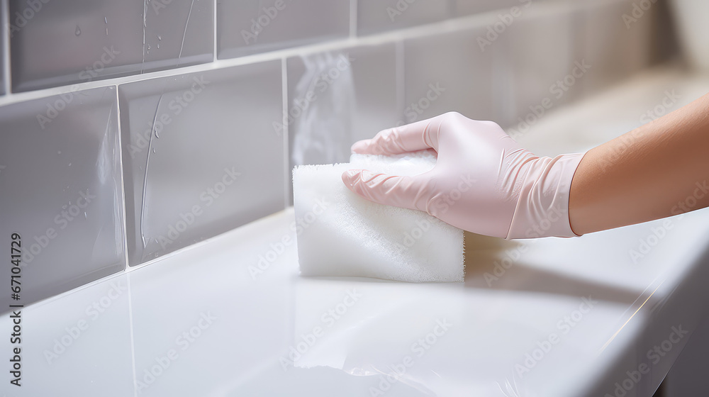Hand in a rubber glove sponges the tiles in the bathroom. Creative concept of house cleaning, tile cleaner. Copy space. - obrazy, fototapety, plakaty 