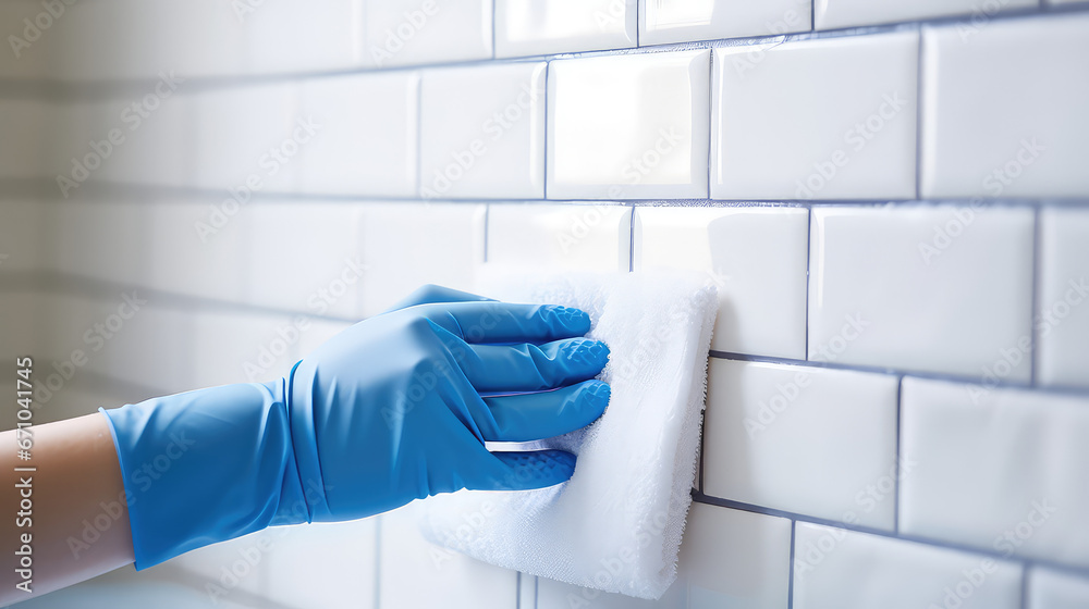 Hand in a rubber glove sponges the tiles in the bathroom. Creative concept of house cleaning, tile cleaner. Copy space. - obrazy, fototapety, plakaty 