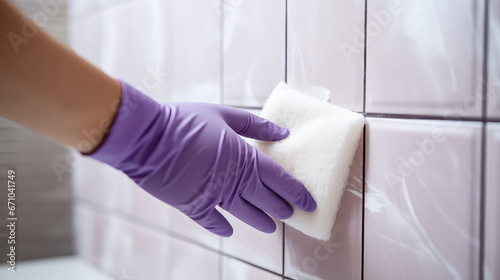 Hand in a rubber glove sponges the tiles in the bathroom. Creative concept of house cleaning, tile cleaner. Copy space. photo