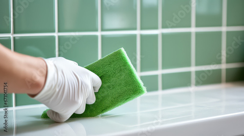 Hand in a rubber glove sponges the tiles in the bathroom. Creative concept of house cleaning, tile cleaner. Copy space. © SnowElf
