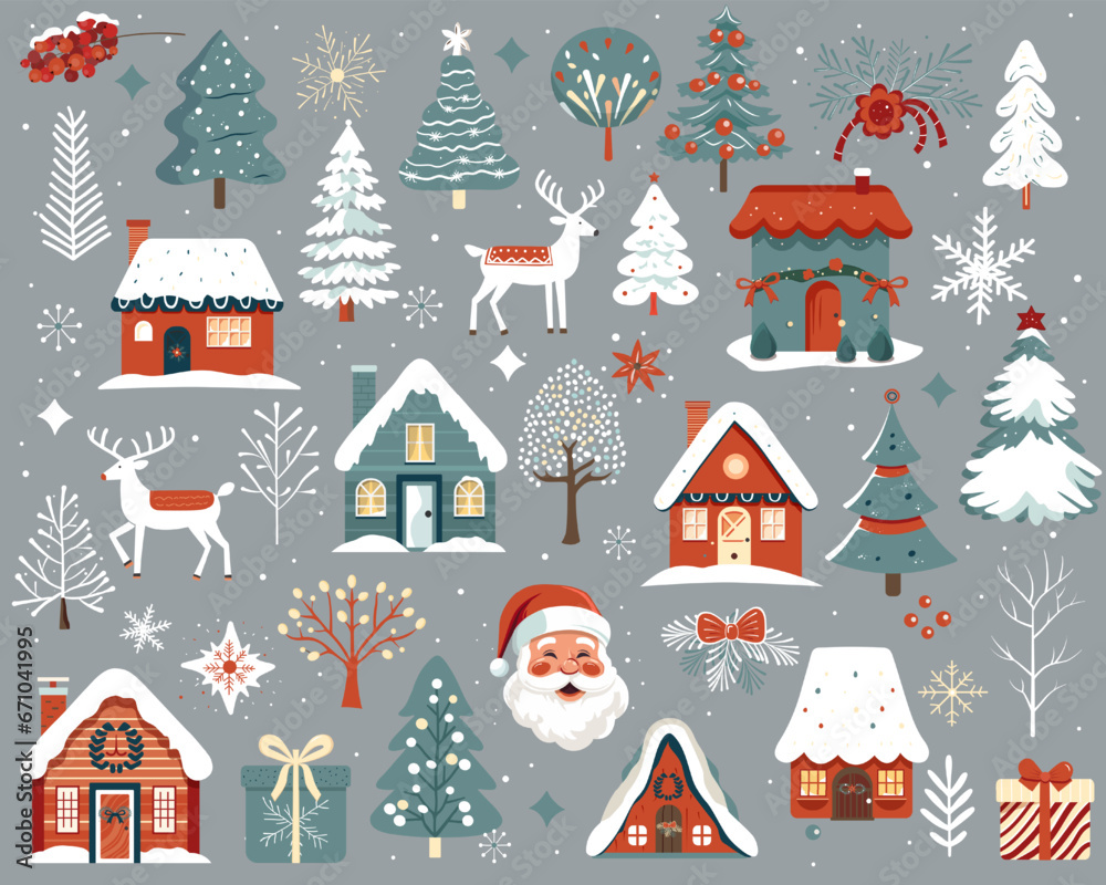 Set of scandi christmas elements. Hand drawn christmas illustration, cute houses, trees, deer, santa claus.