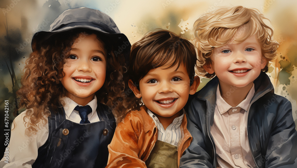 Vibrant Watercolor Portrait of Three Joyful Children with Diverse Skin Tones, Happy and Beautiful Kids, in Pastel Colors and Dark White with Amber Tones