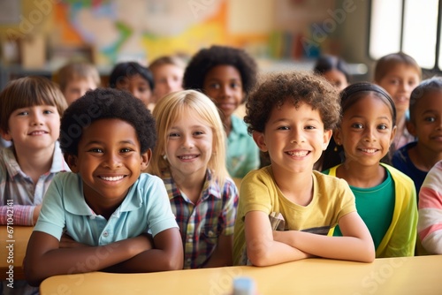 Happy diverse schoolchildren looking at camera. Smiling multiethnic kids posing for group portrait in a classroom of elementary school. Boys and girls of different skin colors go to school together. © Georgii
