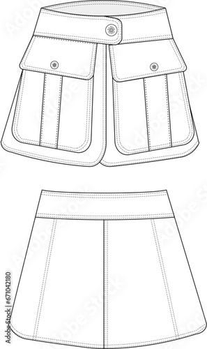 a line mini skirt with cargo pockets technical drawing flat sketch