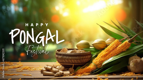 Tamil Nadu festival Happy Pongal with Pongal props, holiday Background, Indian Harvest Holiday