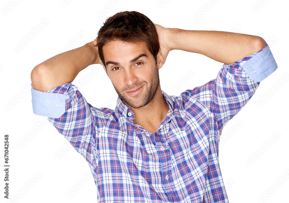 Confident, sexy smile and portrait of a man with pride, happiness or casual fashion to relax on isolated, transparent or png background. Happy, guy and face with calm or cool pose in plaid shirt Confident, sexy smile and portrait of a man with pride, happiness or casual fashion to relax on isolated, transparent or png background. Happy, guy and face with calm or cool pose in plaid shirt