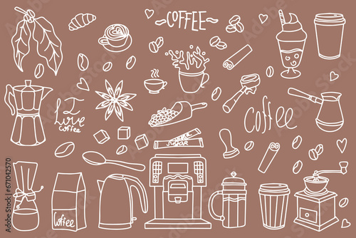 Cute doodle cartoon cafe icons. Set of hand drawn coffee designs: drinks, snacks and coffee utensils. Vector outline hand drawn coffee and bakery for cafe menu. Vector