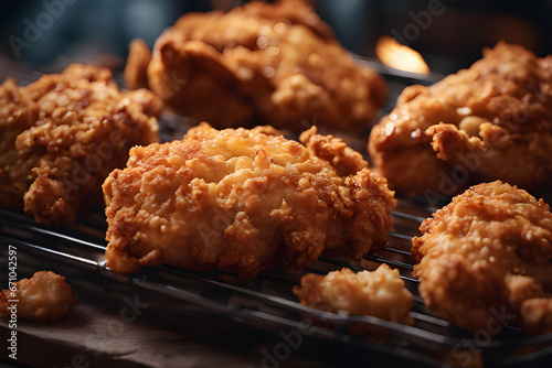 cinematic food photography of fried chicken 35mm, food photography, film, bokeh, professional, highly detailed
