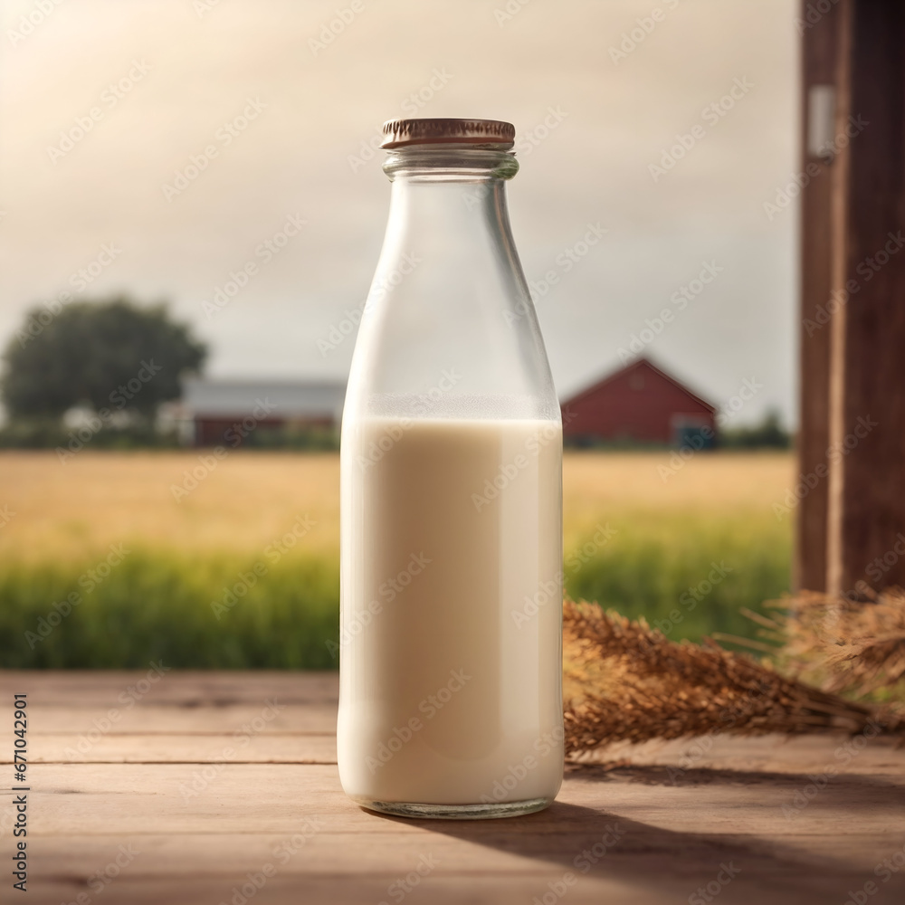 mockup milk bottle on farm background, glass bottle, for advertising mockup milk bottle on farm background, glass bottle, for advertising