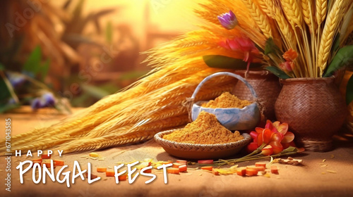 Tamil Nadu festival Happy Pongal with Pongal props, holiday Background, Indian Harvest Holiday photo