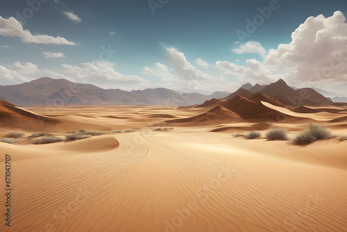 desert landscape with clouds blue sky mountains wind sand and road in wide angle view and animation style