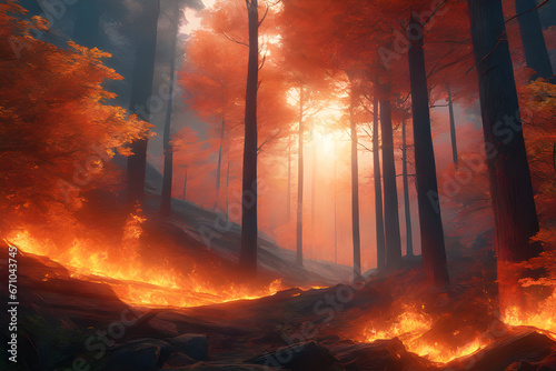 Forest fire disaster illustration, trees burning  wildfire nature destruction, damaged environment caused by global warming and human error photo