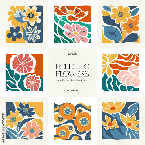 Floral abstract elements. Botanical composition. Modern trendy Matisse minimal style. Floral poster, invite. Vector arrangements for greeting card or invitation design