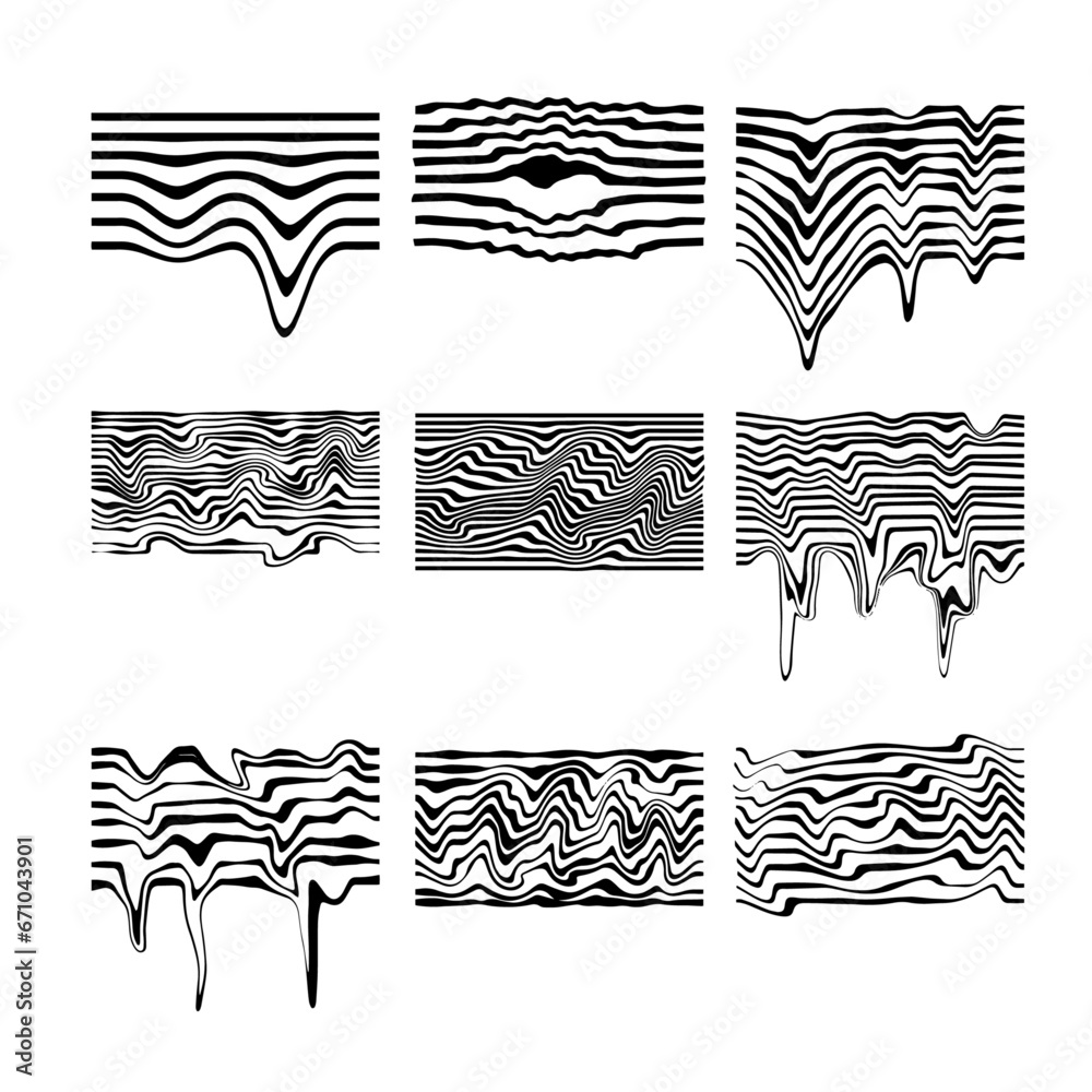 Melted Glitch Stripe. Abstract melting line drip distortion. Psychedelic wavy surreal element. Geometric wave curve effect isolated on white background