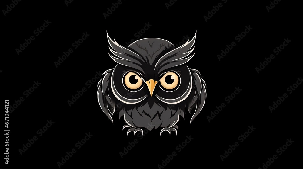  a black owl with yellow eyes on a black background illustration.  generative ai