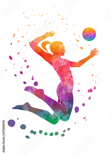 Beach volleyball. The girl hits the ball. Vector illustration. Sketch for creativity.