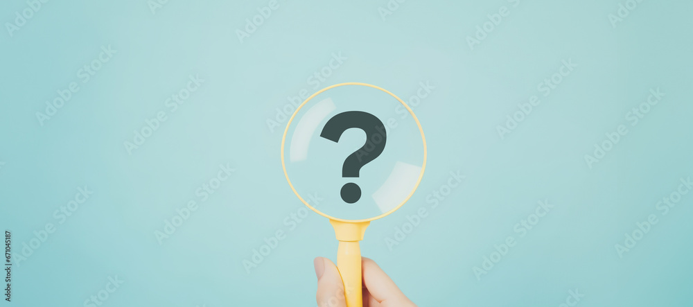 International ask a question day concept, Magnifying glass focused on question mark, Answer, Q&A, Communication and Brainstorming - obrazy, fototapety, plakaty 