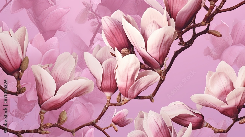  a branch with pink flowers on it against a pink background.  generative ai