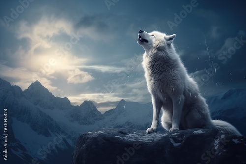 Cinematic Shot Of White Wolf Howling At The Moon On Mountaintop