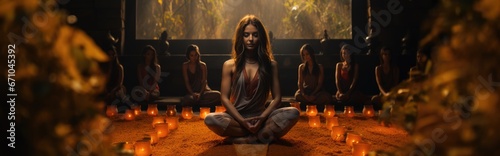 a woman sitting in a meditation position surrounded by candles, synthetism, sacral chakra, epic cinematic still