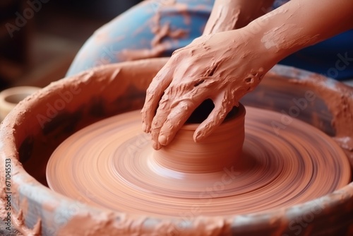 Closeup Of Potter Shaping Clay On Wheel Concept Of Pottery