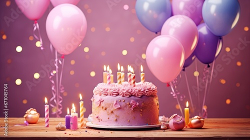  a birthday cake with pink frosting surrounded by balloons and candles. generative ai