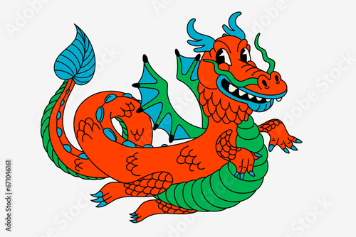 Retro style groovy cartoon dragon. Vintage 70s a funny smiling dragon charact...
