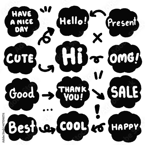 calligraphy hand writting. hello, hi, omg, sale, good, cool, happy, cute, thank you, have a nice day, in text box.