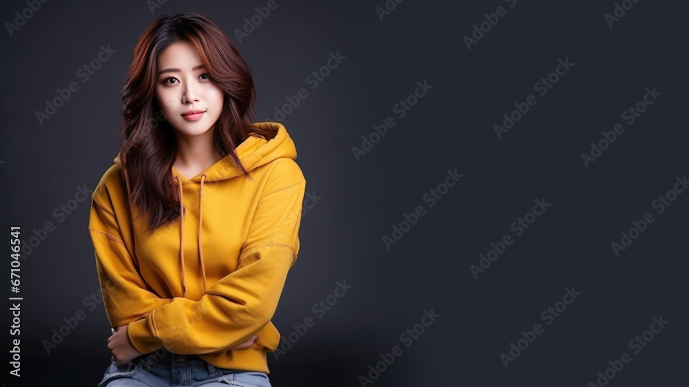 An Asian woman wearing mustard sweatshirt isolated on pastel background An Asian woman wearing mustard sweatshirt isolated on pastel background