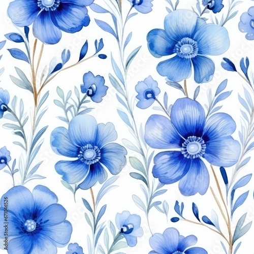 Blue flowers watercolor seamless pattern