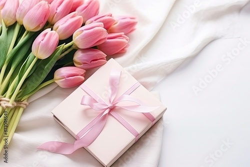 Bouquet pink tulips and gift diary