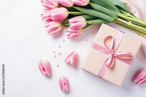 Bouquet pink tulips and gift diary © Tymofii