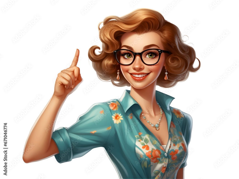 A cute cartoon girl in retro clothes and vintage style. 