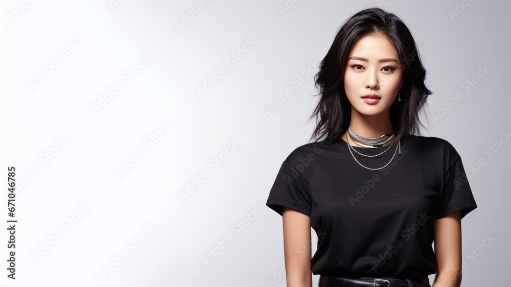 Asian woman wearing black t-shirt isolated on gray background Asian woman wearing black t-shirt isolated on gray background