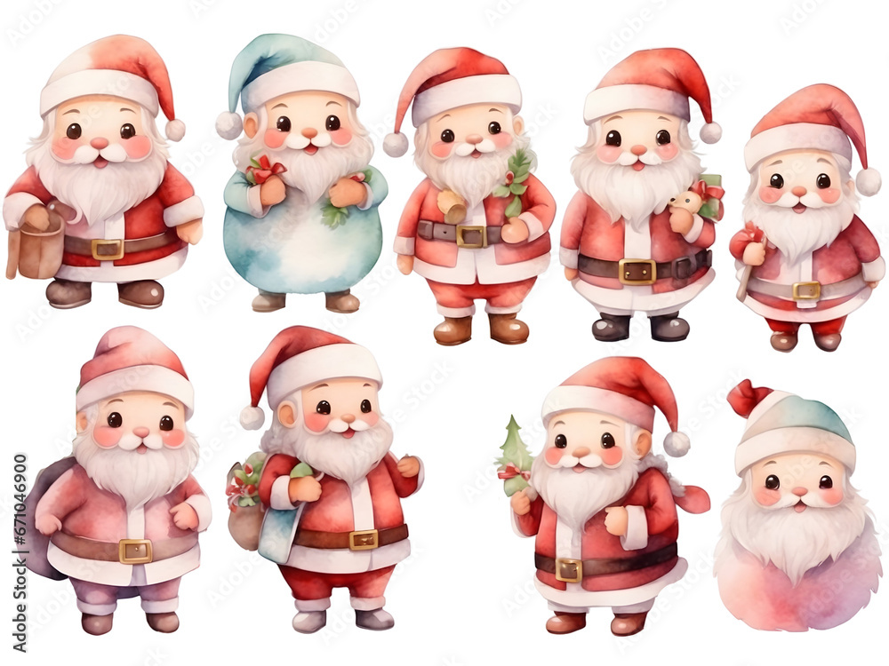 Watercolor set of Santa Claus collection. Xmas season. 