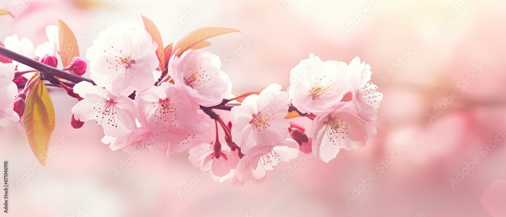 Colorful spring background with frame of pink cherry Colorful spring background with frame of pink cherry