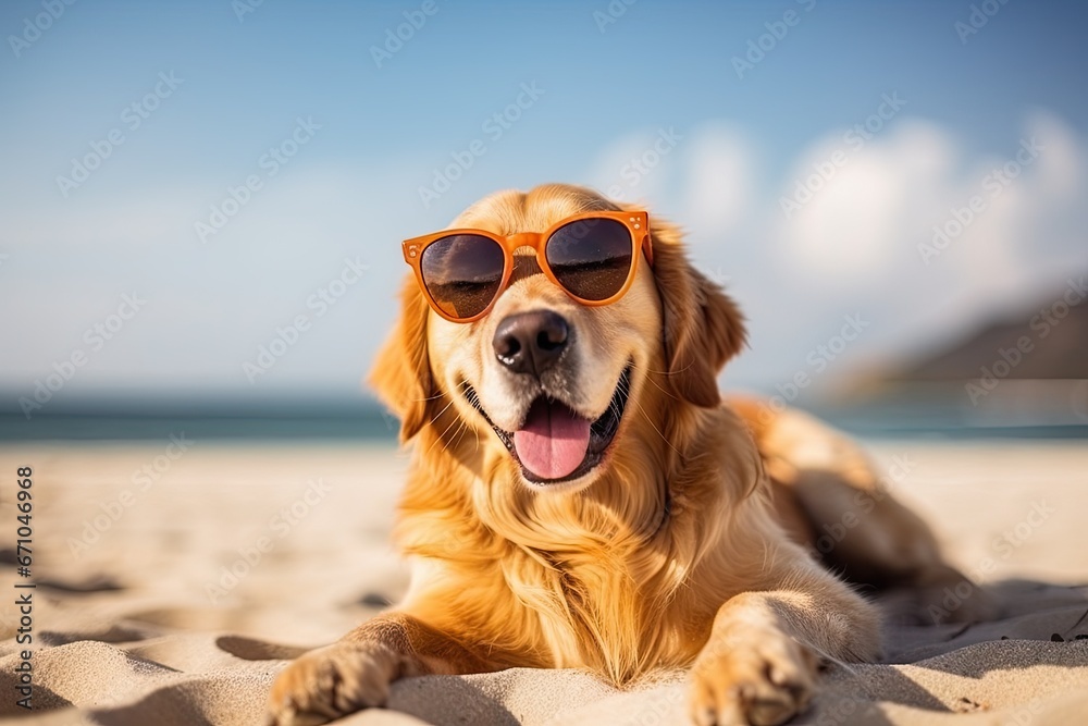 Cool happy funny dog golden retriever with sunglasses