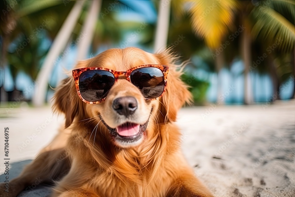 Cool happy funny dog golden retriever with sunglasses