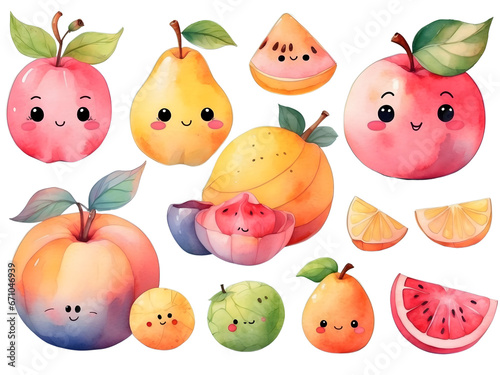 Watercolor set of fruits elements on white background. 