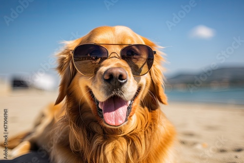 Cool happy funny dog golden retriever with sunglasses