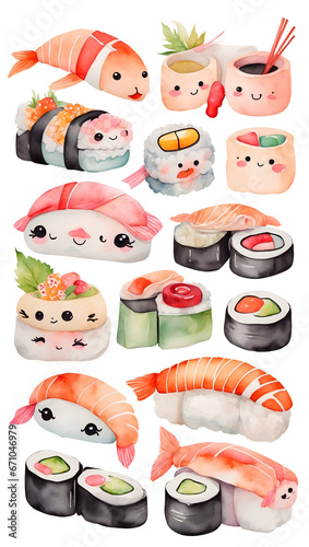 Watercolor set of kawaii cute sushi food. Set of Japanese food. 