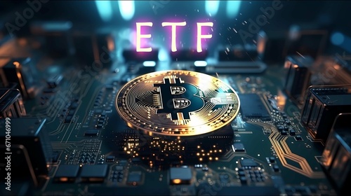 Bitcoin coin with ETF text captions on top, concept the digital money fund, Generative AI illustrations. photo