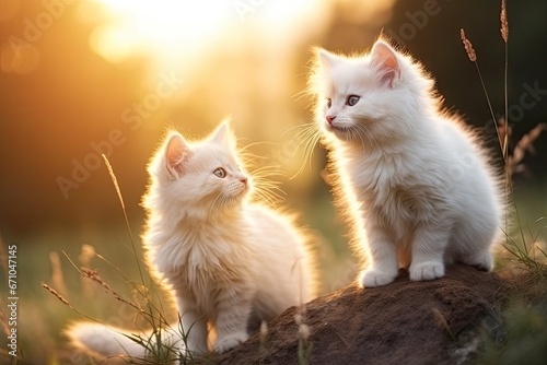 Cute white kitten in park in nature stands on stone