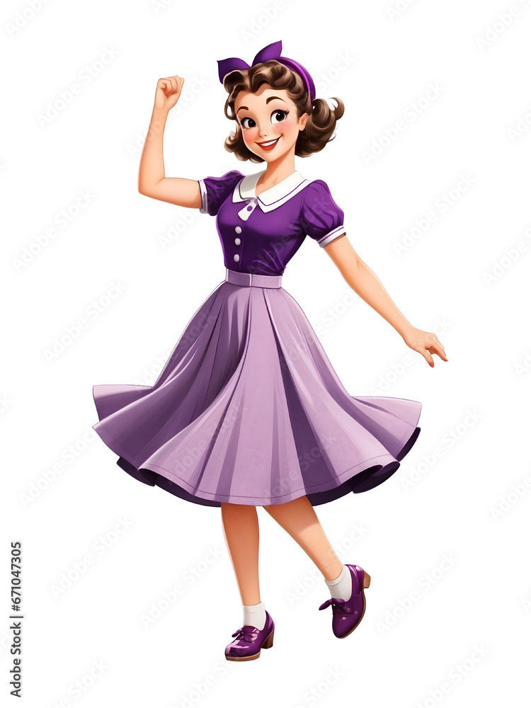 A girl in a purple dress. A lady in retro vintage dress dancing happily. 