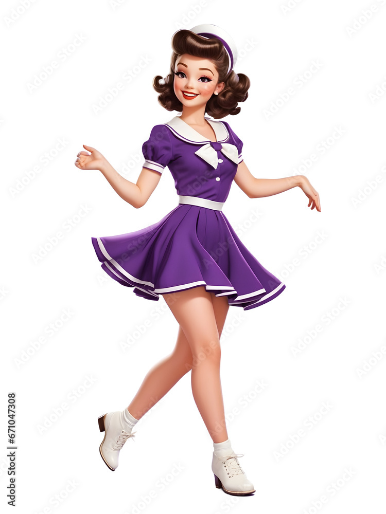 A girl in a purple dress. A lady in retro vintage dress dancing happily. A girl in a purple dress. A lady in retro vintage dress dancing happily.