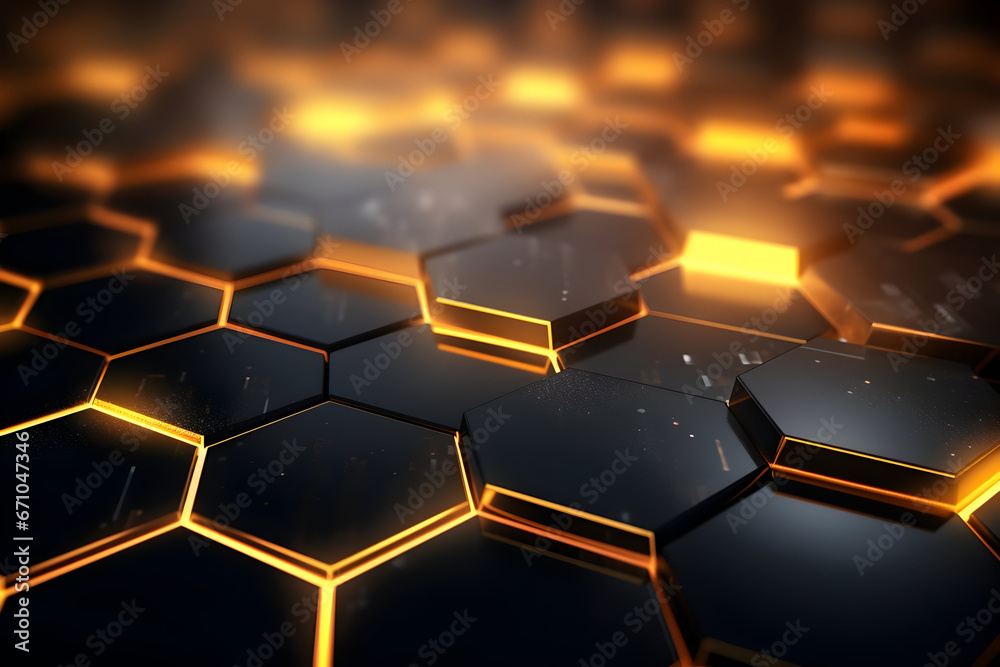 Abstract 3D Banner Illustration with Glowing Gold, Brown, Gray, and Black Hexagons, Creating a Geometric and Technological Texture Wall Futuristic Luxury in Hexagonal Design Abstract 3D Banner Illustration with Glowing Gold, Brown, Gray, and Black Hexagons, Creating a Geometric and Technological Texture Wall Futuristic Luxury in Hexagonal Design
